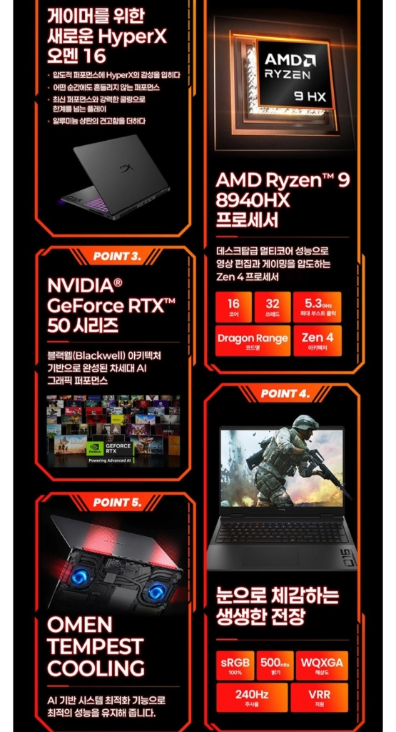 미개봉 HP 하이퍼엑스 오멘 16 게이밍 노트북, 라이젠9, RTX 5070, 램 24GB, 16-ap1061AX 이미지
