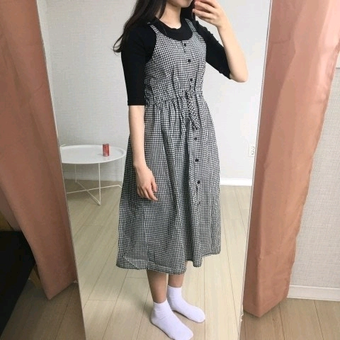 새상품) 체크 롱원피스 뷔스티에 리본 스트링 나시 빈티지 / 로버블 밀크코코아 바온 빈블 러브앤드팝 라부 트윈즈영 이미지
