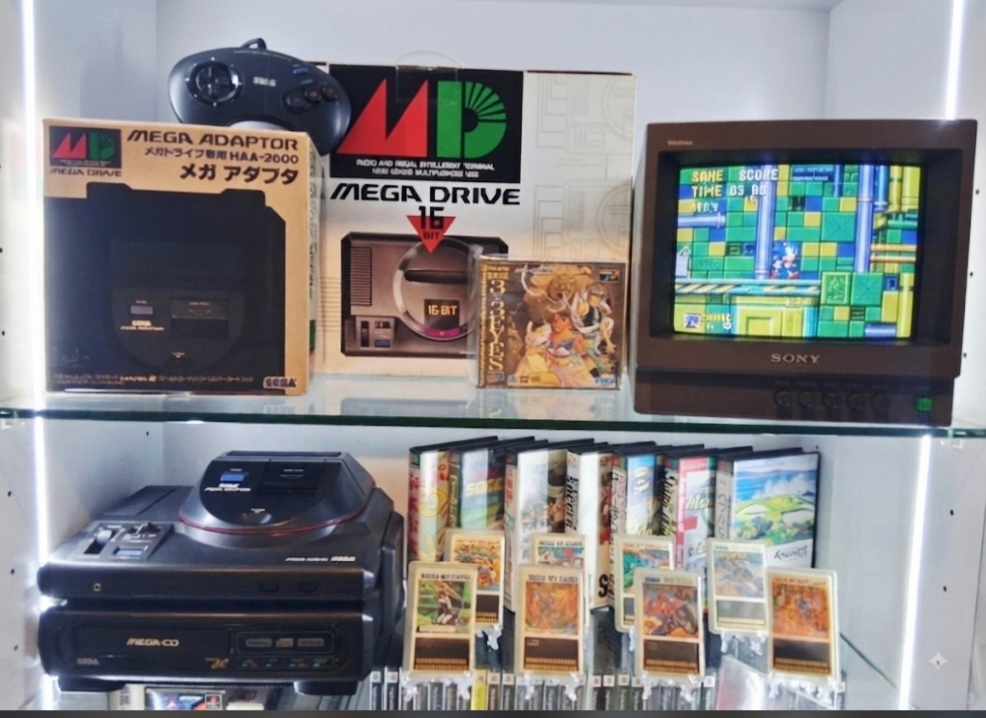 세가 메가드라이브 1세대 타워 풀세트 + 소니9인치방모 + 휴카드8종 + 팩7종 + CD1종 일괄 이미지