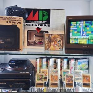 세가 메가드라이브 1세대 타워 풀세트 + 소니9인치방모 + 휴카드8종 + 팩7종 + CD1종 일괄 이미지