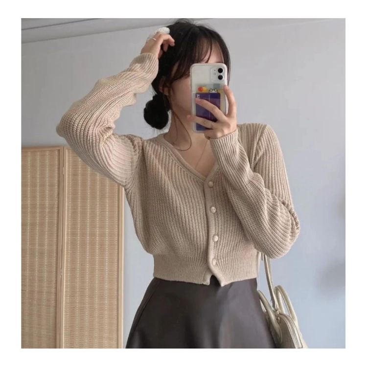 진베이지색 긴팔 크롭 가디건 (XS/S/M, 44/55/66, 80/85/90 사이즈) 이미지
