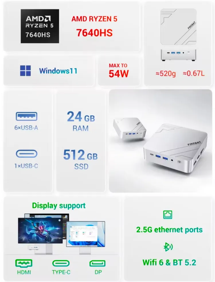 firebat f1 미니 pc 컴퓨터 라이젠5 7640hs lpddr5 24gb nvme 512gb ssd - 안심되는 중고거래
