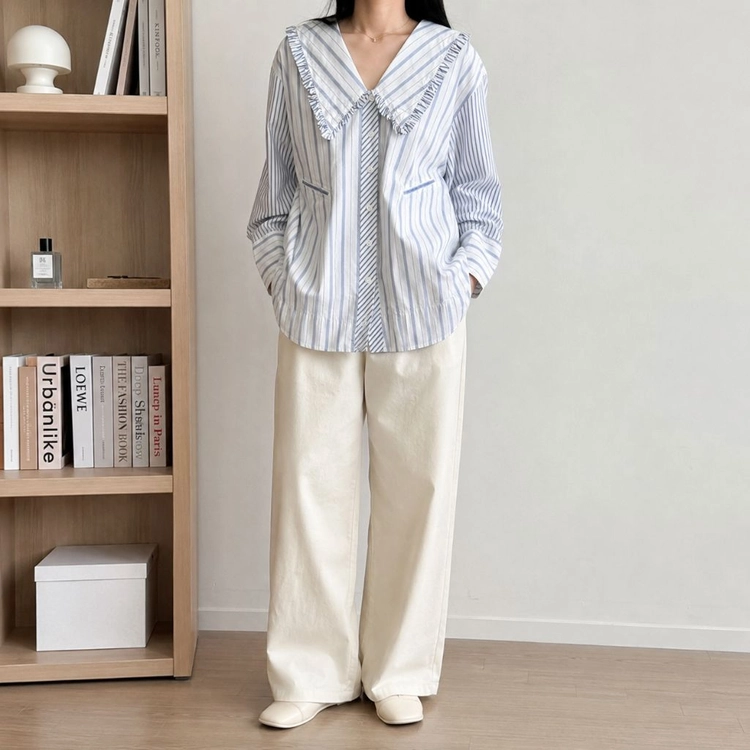 77~88 GANNI 가니 긴팔 블라우스 세일러카라 루즈핏 이미지
