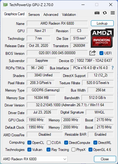 사파이어 RX6800 16GB PULSE 이미지
