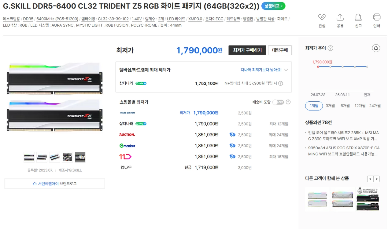 미개봉 신품 지스킬 DDR5-6400 CL32 TRIDENT Z5 RGB 화이트 패키지 (64GB(32Gx2)) 이미지