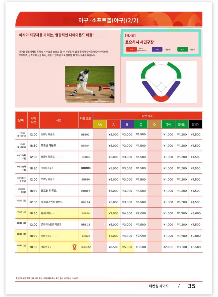 2026 아이치 나고야 아시안게임 야구 티켓 양도합니다 이미지