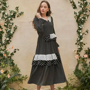 새상품) 뎁 DEBB 플리츠 맥시 도트 롱원피스 캉캉 러플 프릴 빅카라 브이넥 블랙 검정 땡땡이 이미지