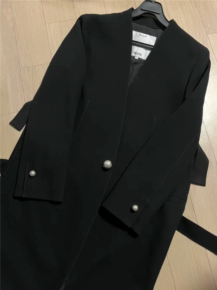 오브제 OBZEE 진주 단추 롱자켓 노카라 브이넥 정장 봄코트 블랙 검정 하객룩 오피스룩 출근룩 이미지