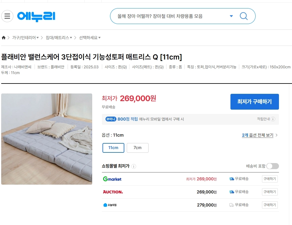 플래비안 밸런스케어 3단접이식 기능성토퍼 11cm Q사이즈 이미지