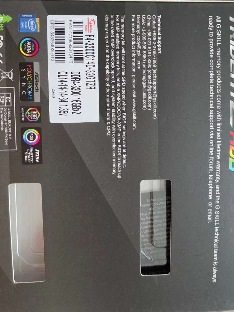 지스킬 G.Skill Trident Z RGB DDR4 32GB (16GBx2) 3200MHz CL14 이미지