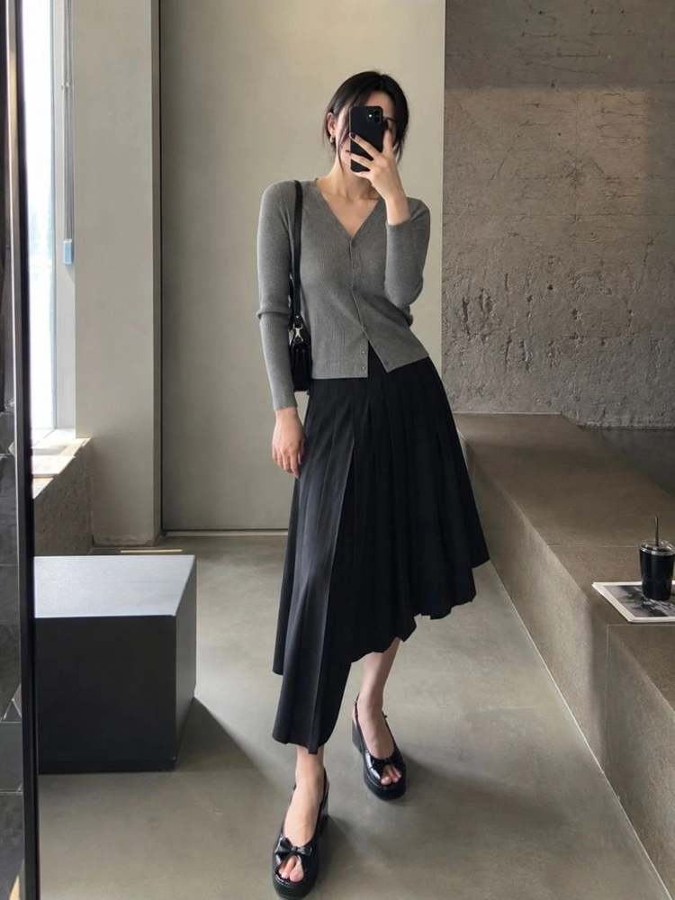 새상품 드래곤블루스 비대칭 플리츠 스커트 차콜 27~28 M 이미지