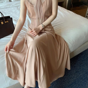 (스커트 수선 상품) 더로랑 스카프 메쉬 튤 블라우스 베이지, 로렌 플레어 스커트 피치베이지 S 이미지