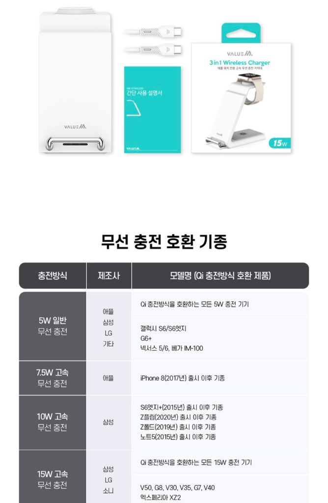 최저가(1+1)벨류엠 3in1 무선 충전 거치대 새상품 이미지