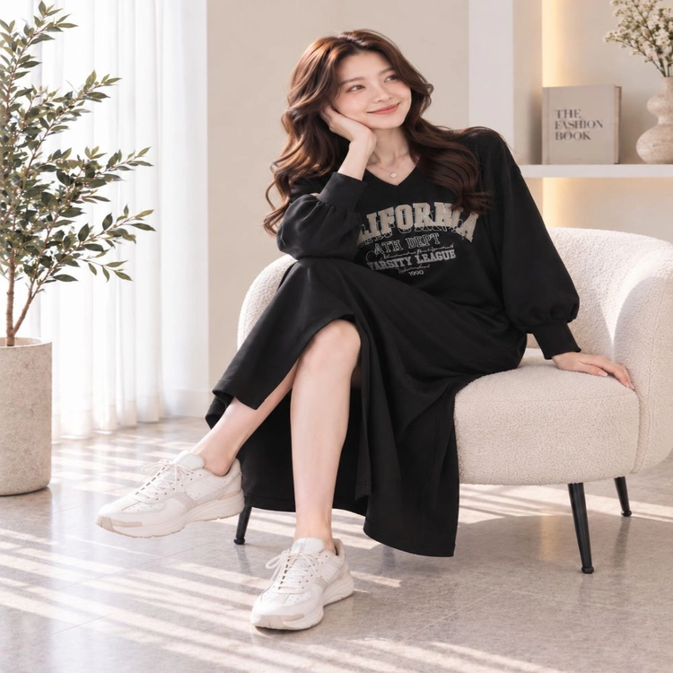 루즈핏 레터링 브이넥 맨투맨 롱원피스ㅡ무배 이미지