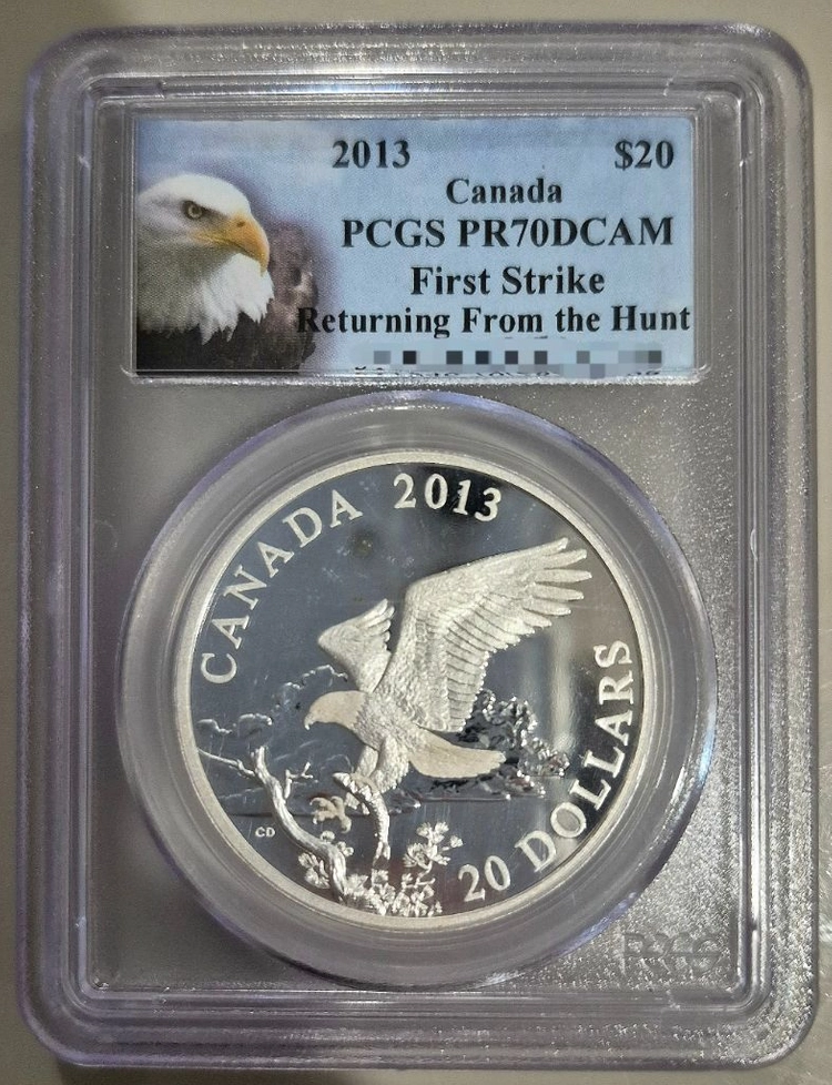 캐나다 조폐국 PCGS 프루프 70등급 흰머리독수리 은화 실버바 수집 화폐 이미지