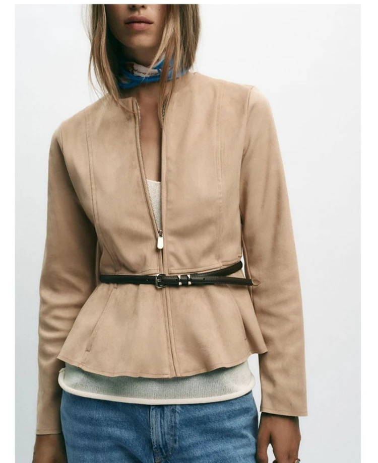 ZARA 자라 페블럼 스웨이드자켓 벨트세트 베이지 XS 이미지