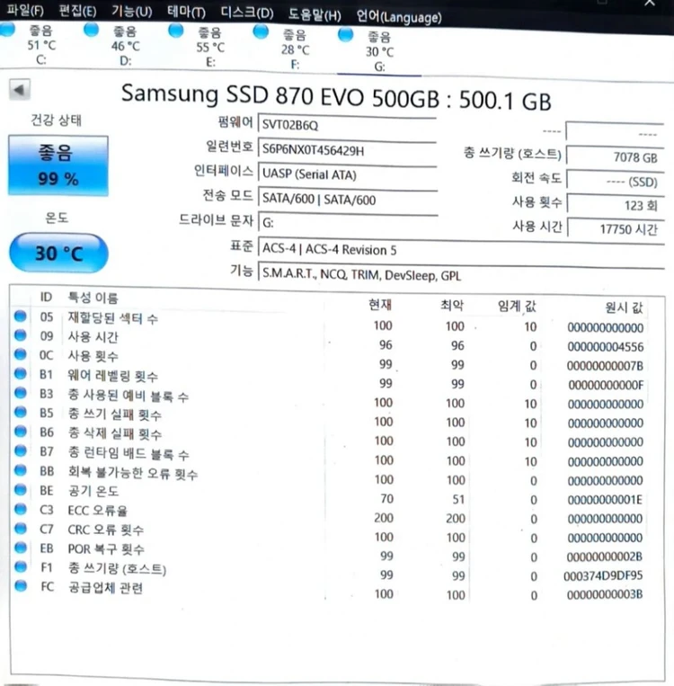 보증수명의 사용량 2% - 삼성 870 EVO 500GB SSD 이미지