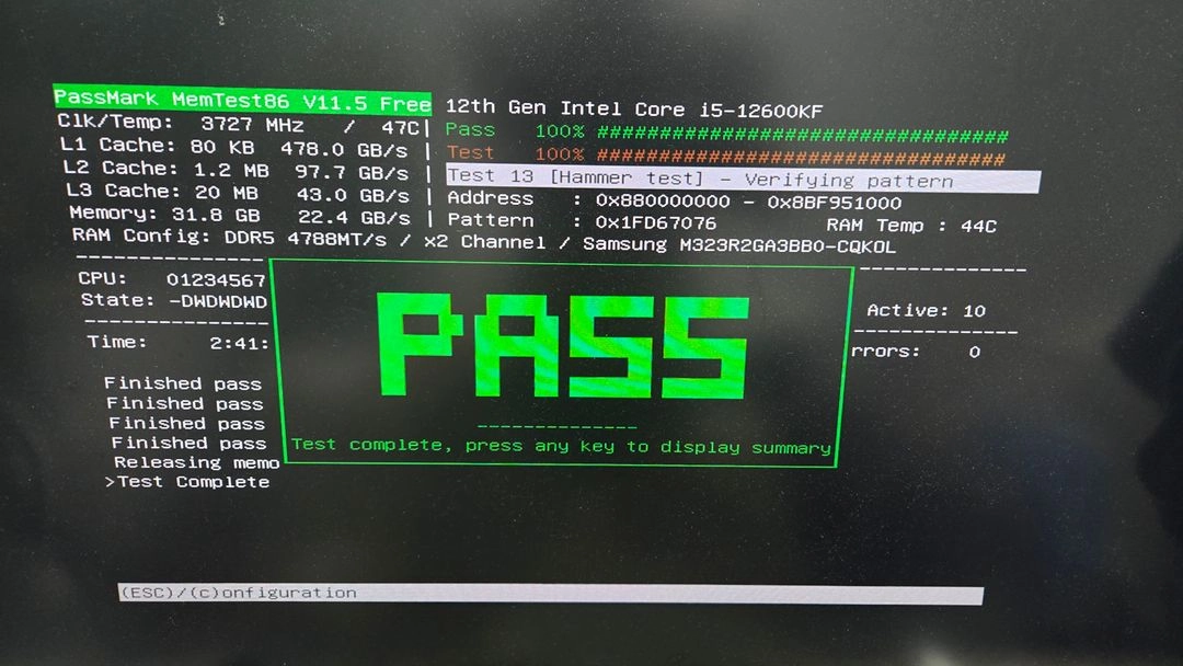 DDR5 4800 16GB 메모리 1개 memtest86 pass 이미지