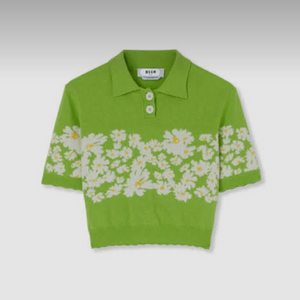 MSGM 플라워 패턴 칼라 니트 반팔 티셔츠 그린 이미지