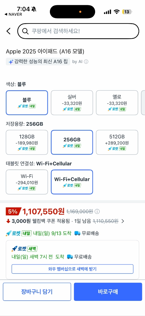애플 아이패드 a16 블루 256기가 셀룰러 이미지