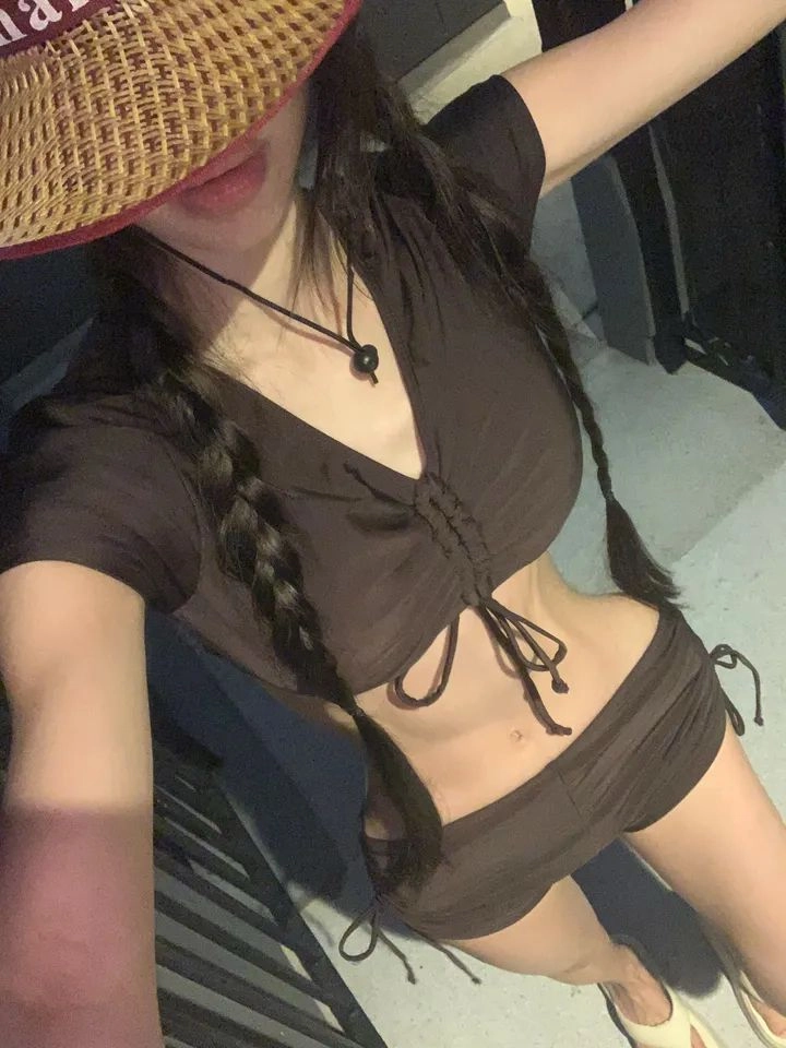 브라운 셔링 크롭 반팔 래쉬가드 비키니 수영복 세트 S 이미지