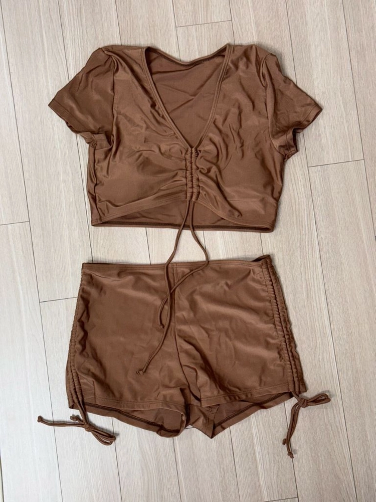 브라운 셔링 크롭 반팔 래쉬가드 비키니 수영복 세트 S 이미지