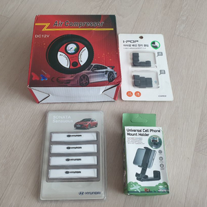 DC12V 차량용 에어 컴프레서, 스마트폰거치대, 도어가드, 배선정리클립 일괄 새제품 이미지