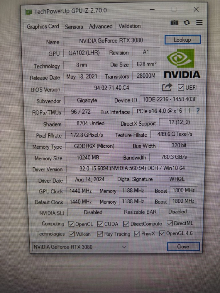 기가바이트 RTX3080 10GB LHR A급 정상작동 이미지