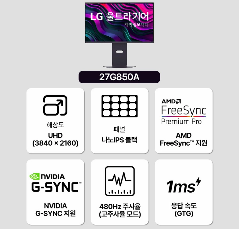 LG모니터 27G850A 4K 240HZ 모니터 이미지