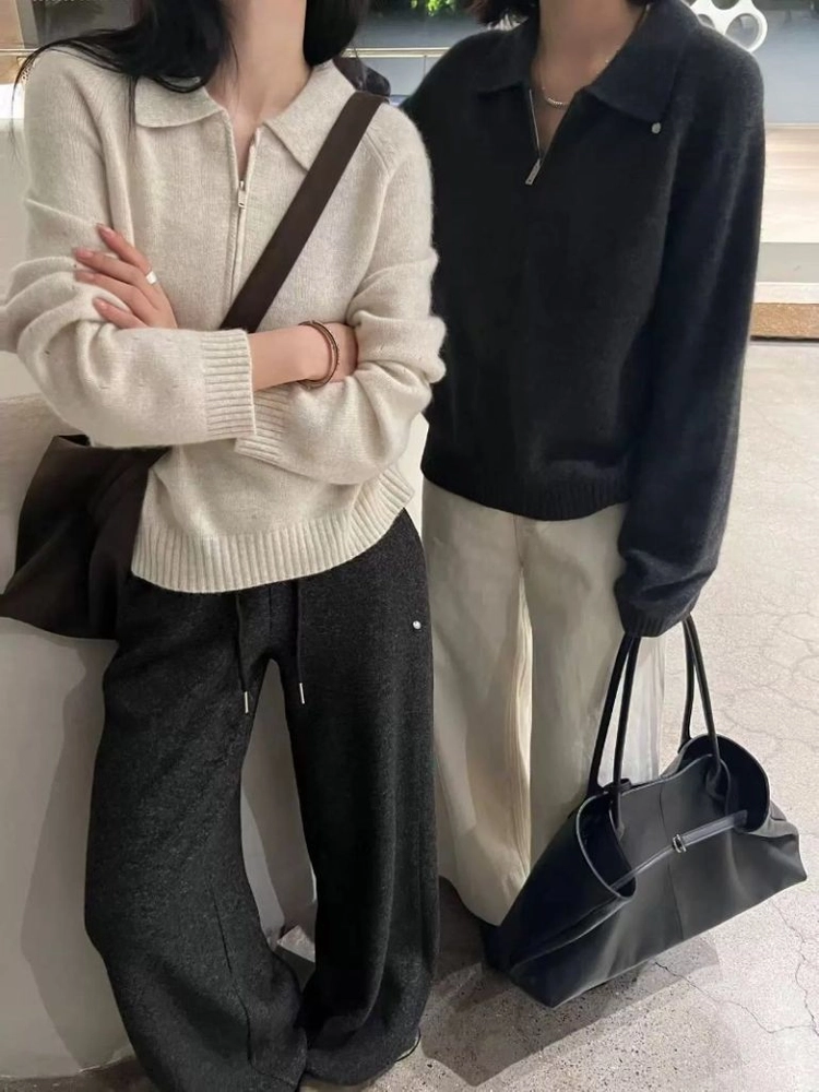 [새상품/1+1할인] 뽀송 여리핏 골지 하프집업 카라 니트 이미지