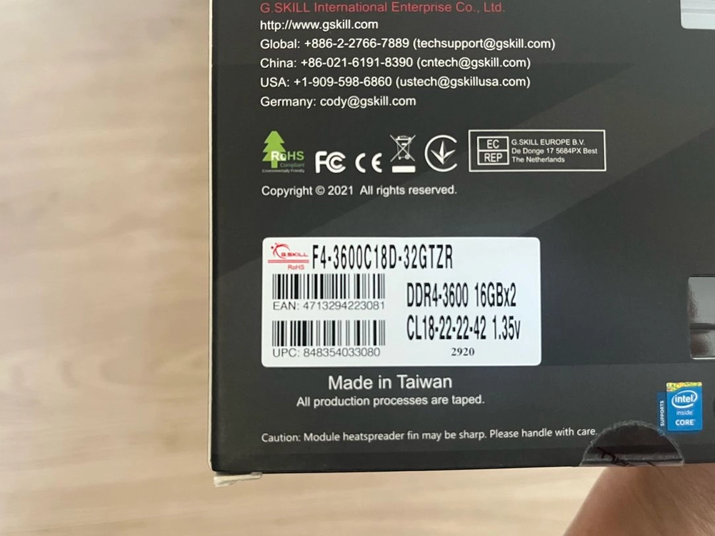 Gskill ddr4-3600 cl18 트라이던트 32gb (16 x 2) 이미지