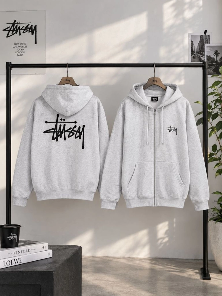 스투시 기본 로고 후드집업 블랙/멜란지 그레이 이미지