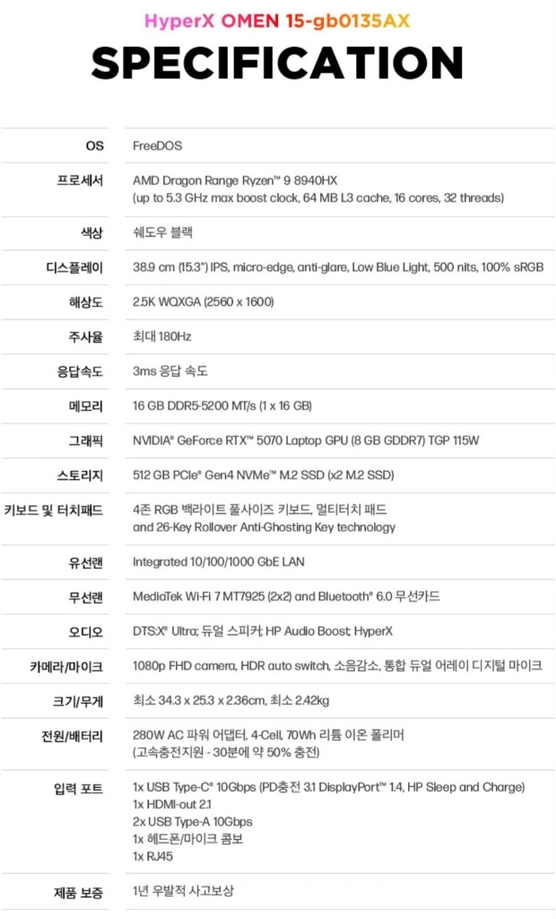 (미개봉) HP오멘15-gb0135AX 라이젠9 RTX5070 게이밍노트북 이미지