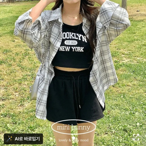 [미개봉 새상품] 꾸안꾸 레터링 나시 숏팬츠 체크 셔츠 3피스 세트 프리사이즈 이미지