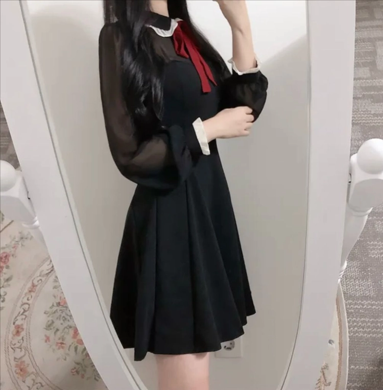 배색 리본 원피스 이미지
