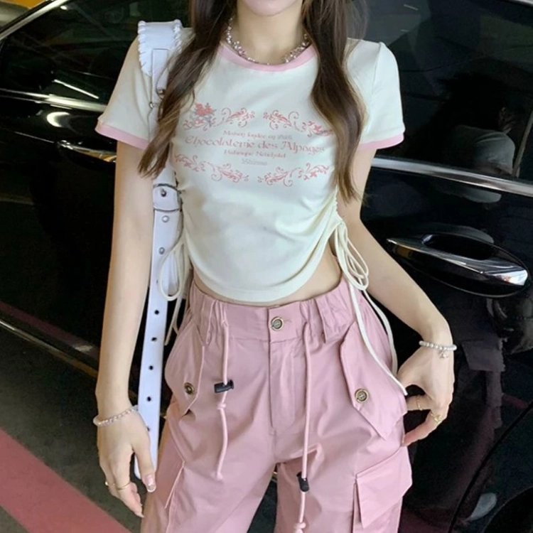 핑크&베이지 키치한 무드 반팔 크롭티 (XS/S/M, 44/55/66, 80/85/90 사이즈) 이미지