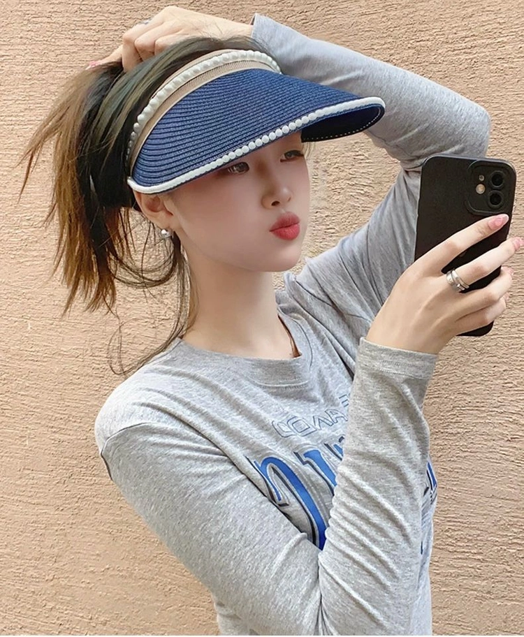 진주 썬캡 블루 바캉스 모자 여름 라탄 선캡 모자 이미지