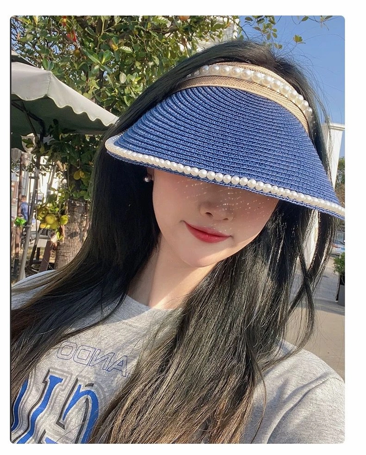 진주 썬캡 블루 바캉스 모자 여름 라탄 선캡 모자 이미지