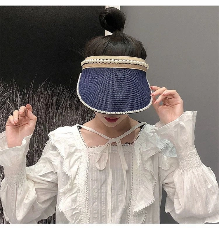 진주 썬캡 블루 바캉스 모자 여름 라탄 선캡 모자 이미지