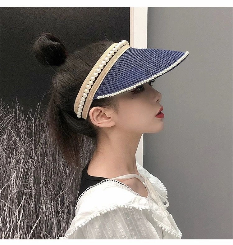 진주 썬캡 블루 바캉스 모자 여름 라탄 선캡 모자 이미지