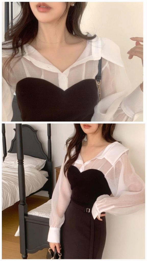 새상품 여성55 S 뷔스티에 시스루 블라우스 골지 화이트 블랙 봄 가을 하객룩 벌룬 소매 레이어드 여성스러운 선물 이미지