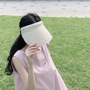 진주 장식 라탄 썬캡 모자 여름 모자 바캉스 모자 이미지