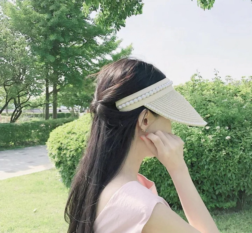 진주 장식 라탄 썬캡 모자 여름 모자 바캉스 모자 이미지