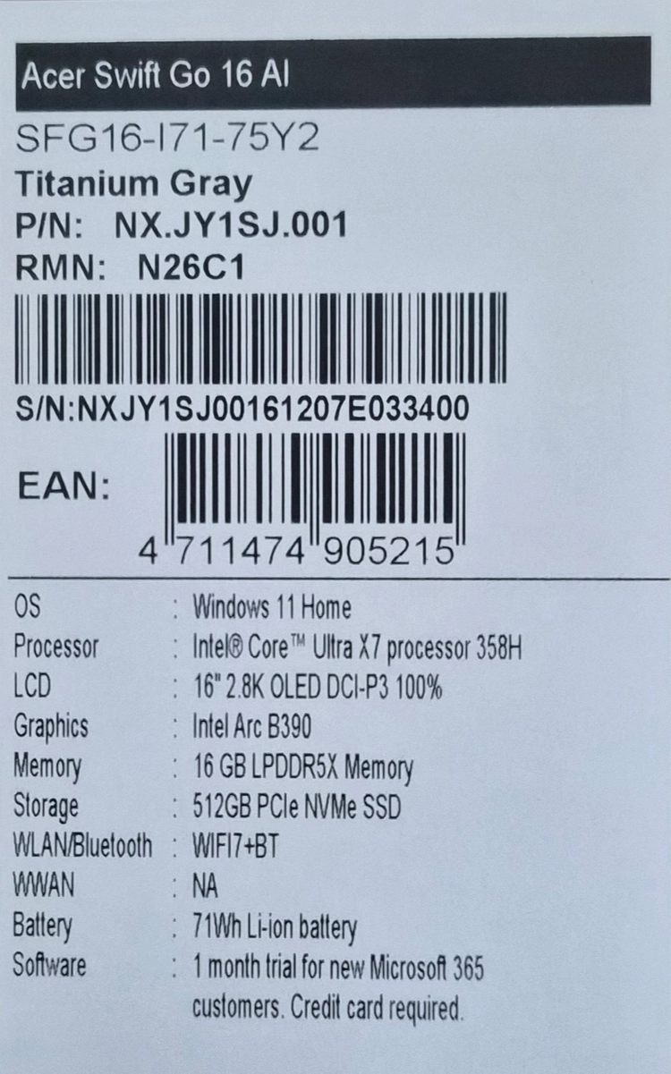 [단순개봉]에이서 스위프트 고 AI 16 UltraX7 16GB/512GB 노트북 판매합니다 이미지