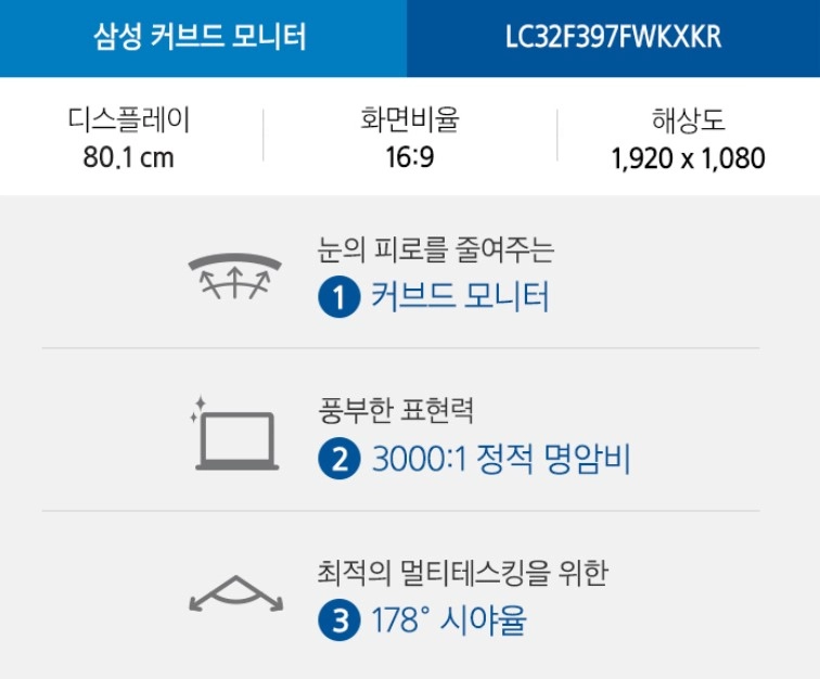 [삼성] 32인치 커브드 모니터 C32F397팝니다. 이미지