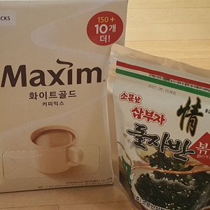 맥심화이트커피 160개 + 스팸 300g 3개 + 소문난 삼부자 돌자반 1개 44,000원 무료배송 팝니다. 이미지