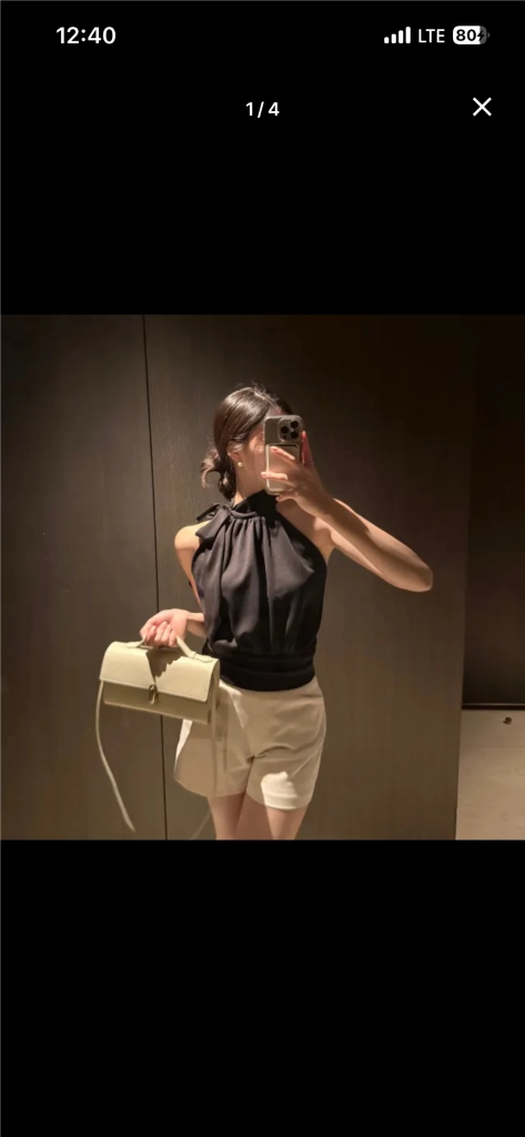 펄유 (부유방커버) 새틴 홀터 리본 여름 민소매 동남아 휴양지룩 신혼여행룩 블라우스 에이블리 지그재그 유메르 코스 이미지