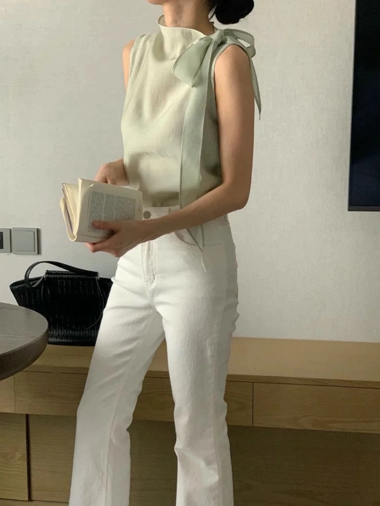 민소매 시스루 리본 블라우스 이미지