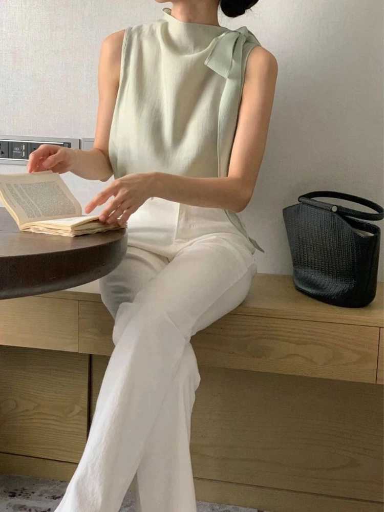 민소매 시스루 리본 블라우스 이미지