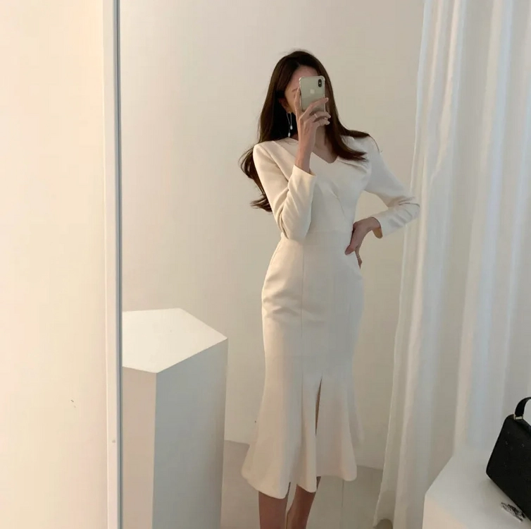 [재고정리 새상품] 국내제작 고퀄 아이보리 머메이드 플레어 롱원피스 셀프웨딩원피스 이미지